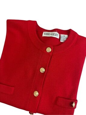 Kerri & Kelsey Red Cardigan with Gold Buttons. 100% Acrylic made Hong Kong. Med